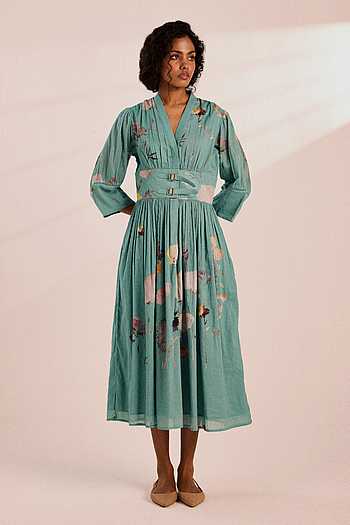 Buy Cobalt Voile V-neck Seaside Flora Midi Dress For Women by