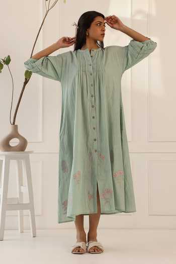 Buy Green Cotton Embroidery Round Neck Sage Palm Midi Dress For Women by  Banera Online at Aza Fashions.