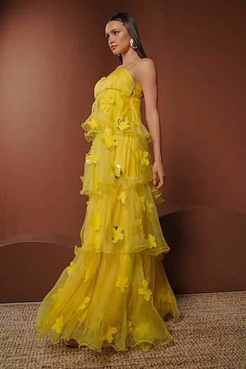 Buy Yellow Organza Fabric Flowers Open Neck Tiered Ruffle Maxi