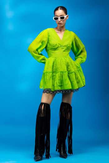 Buy Green Cotton, Organza Embroidery V-neck Neon Puff Sleeve Dress For  Women by ANGSA by Nidhir & Shelly Online at Aza Fashions.