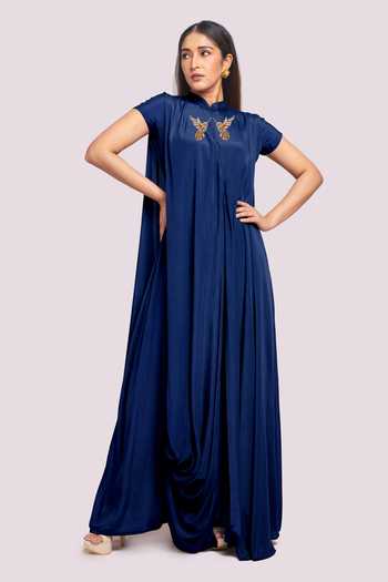 Buy Blue Crepe Embroidery High Neck Drape Maxi Dress For Women by Blue  Lotus Design Online at Aza Fashions.