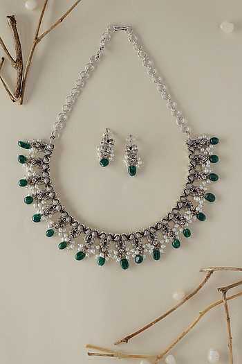 Buy Green Pearls, Stones Silver Onyx Necklace Set by Mero