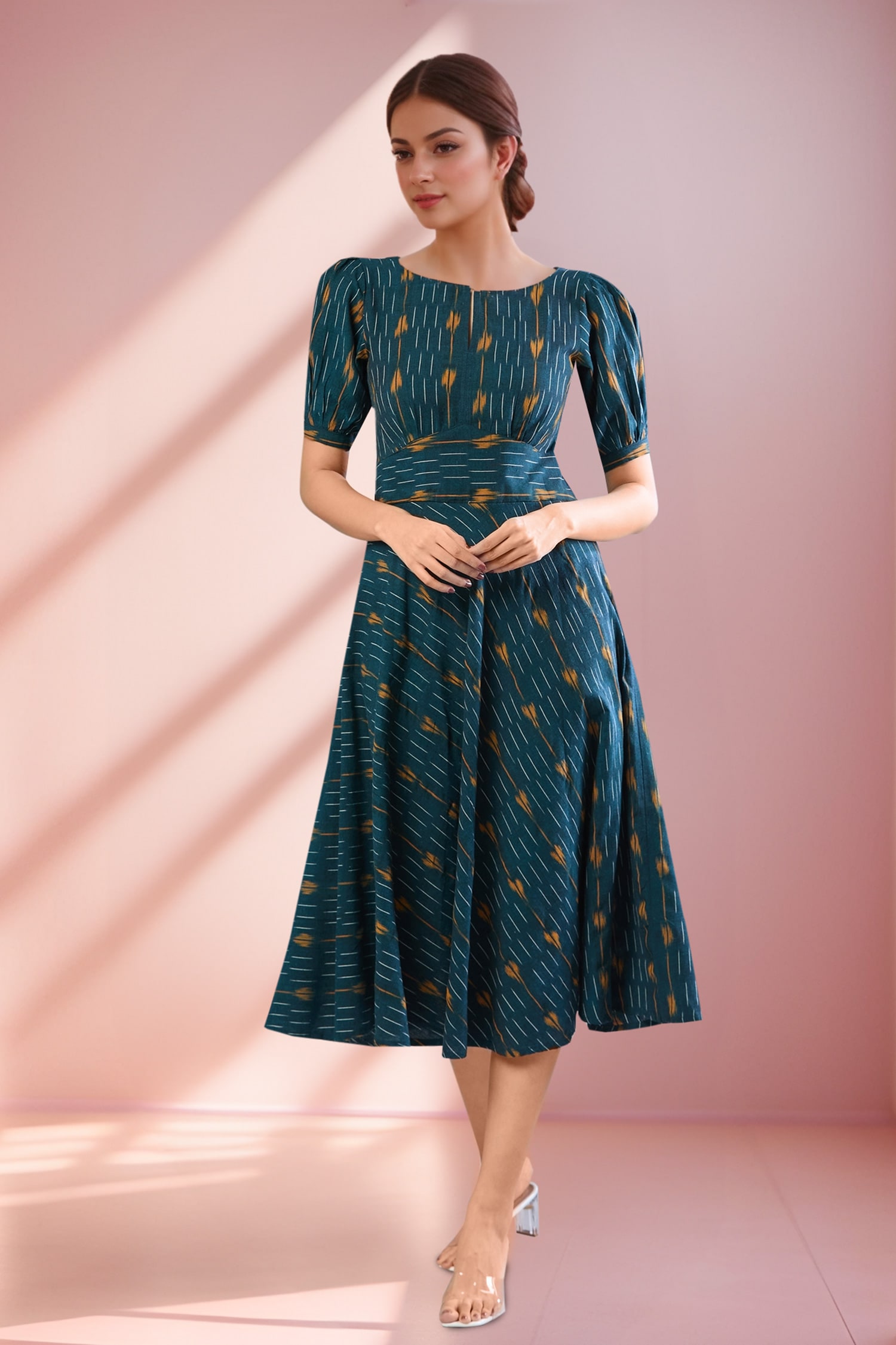 Bottal Green Ikat Handloom Midi Dress 