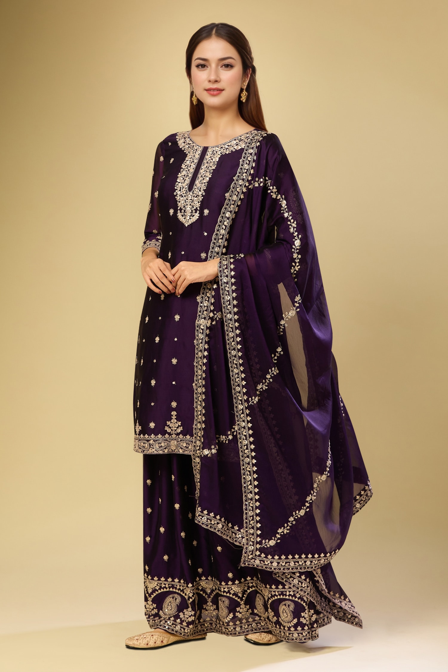 Purple Silk Embroidered Kurta Set 
