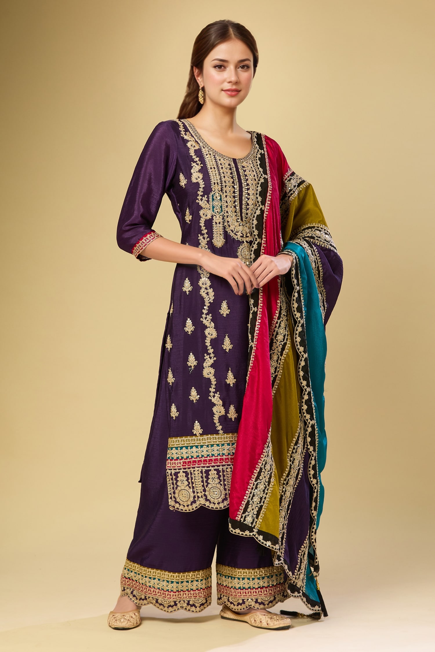Purple Chinon Embroidered Kurta Set 