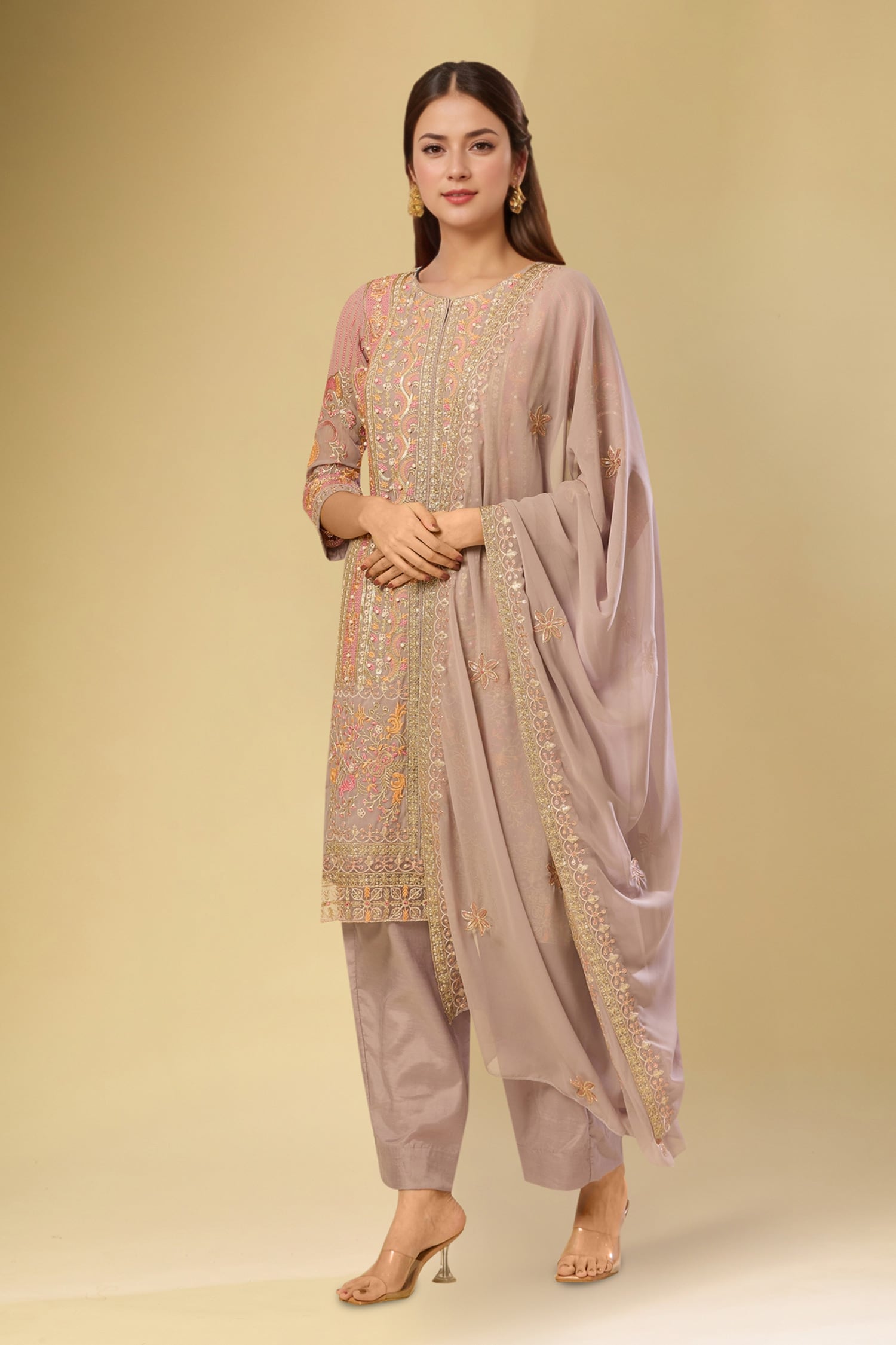 Grey Embroidered Kurta Set with Dupatta 