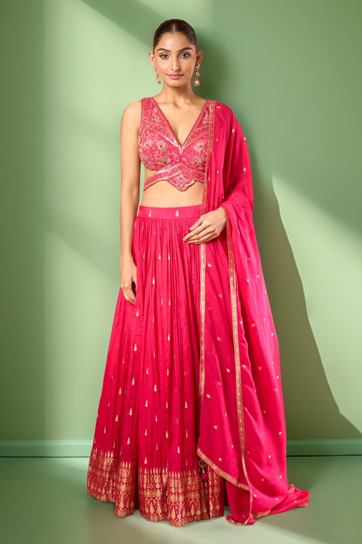 Embroidered Ethnic Butta Lehenga Set 