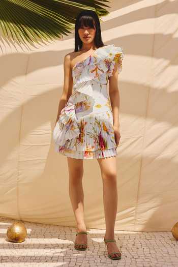 Buy White Cotton, Linen Asymmetric One-shoulder Pleated Short Dress For  Women by ZiP by Payal & Zinal Online at Aza Fashions.