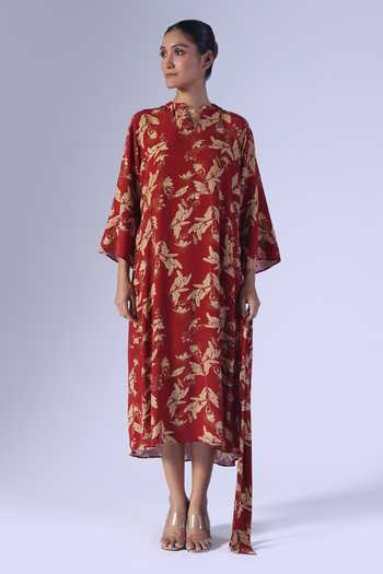 Buy Red Crepe Mandarin Collar Printed High Low Dress For Women by KLAD  Online at Aza Fashions.