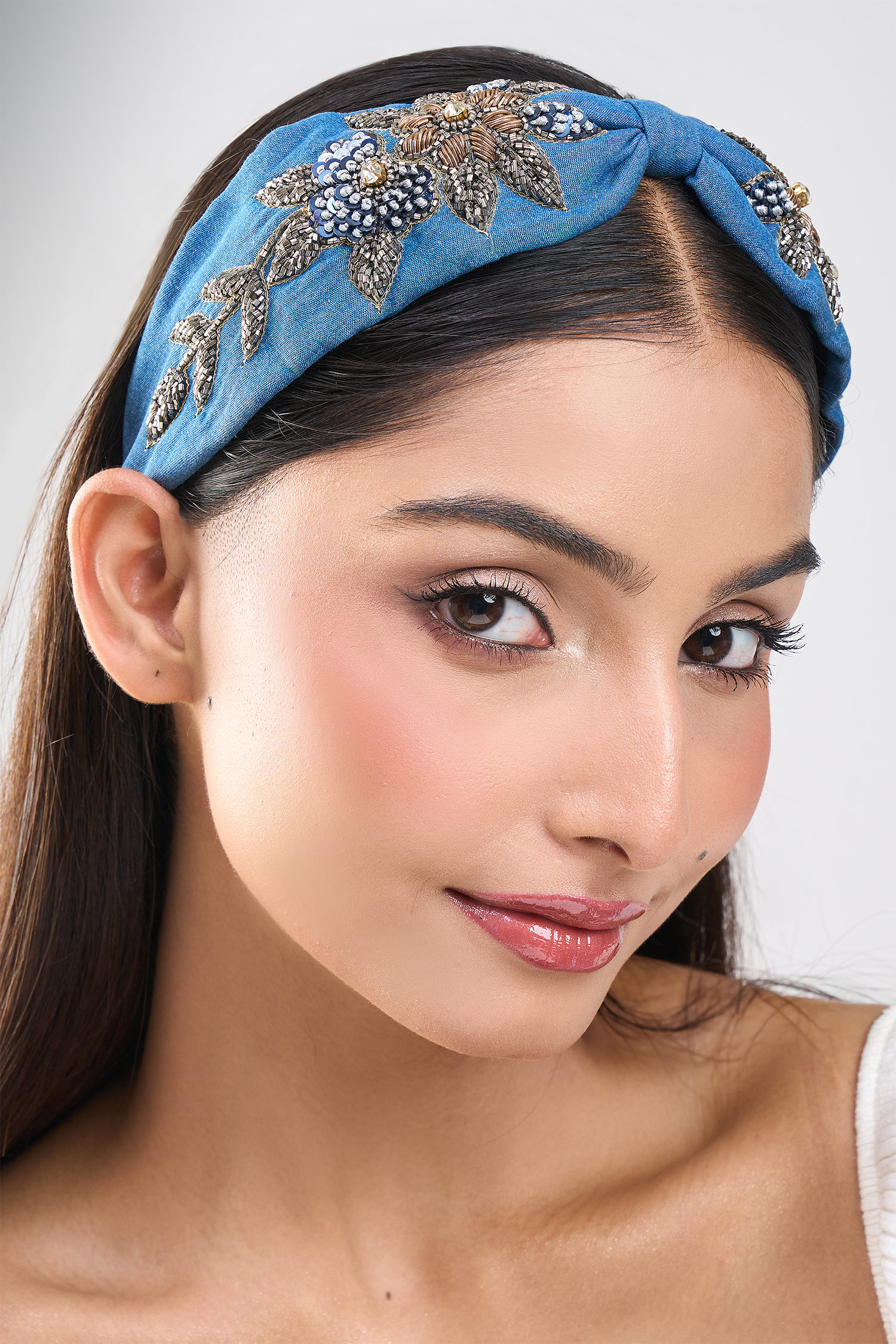 Denim Flower Design Hand Embroidered Hairband 