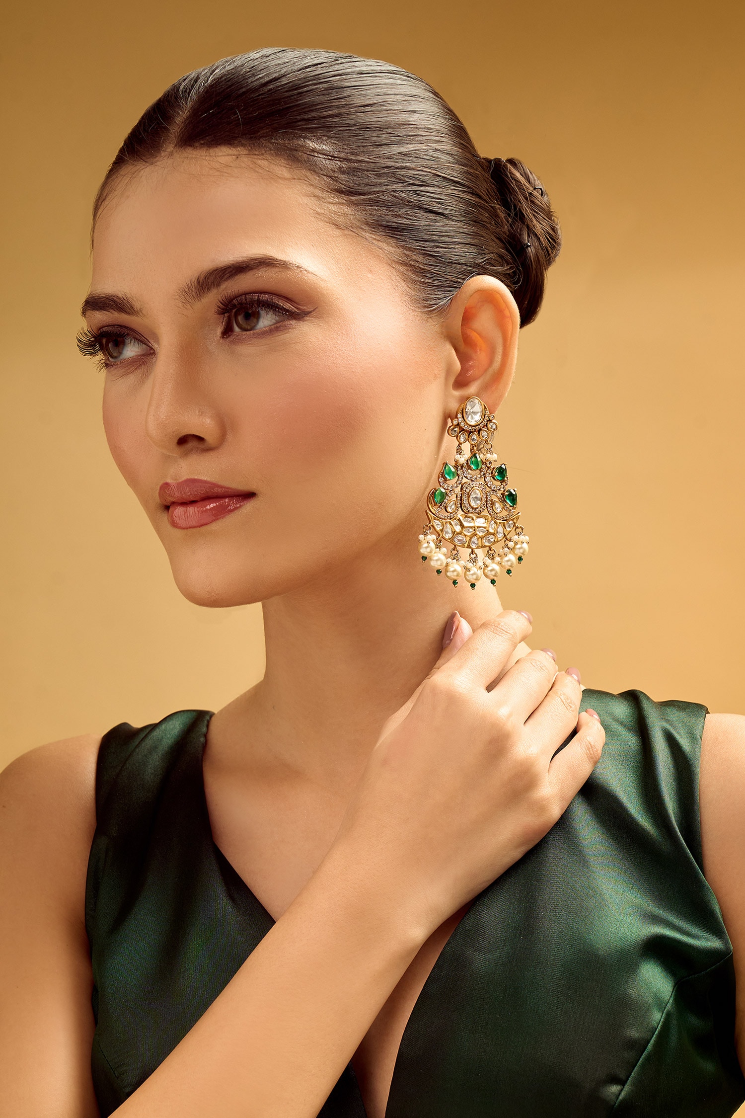 Green Pearl Embellished Dangler Earrings 