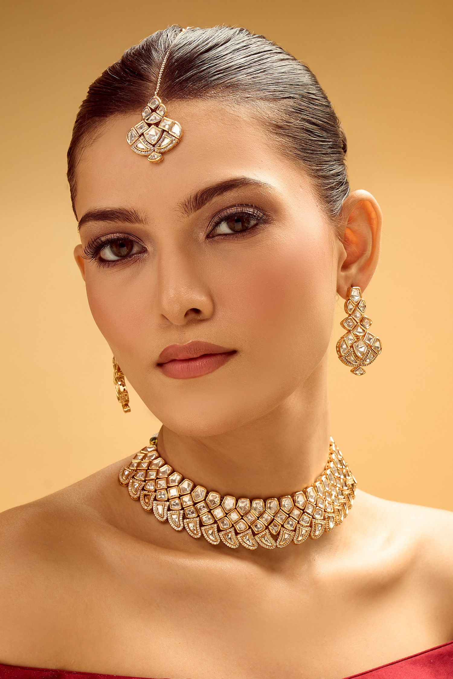 Gold & White Stone Embellished Jewellery Set 
