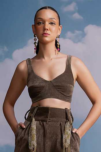Buy Olive Green Corduroy Scoop Neck Bralette For Women by Nikita