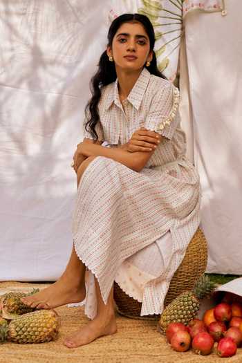 Moh India Ivory Linen Collared Long Shirt Dress| Aza Fashions