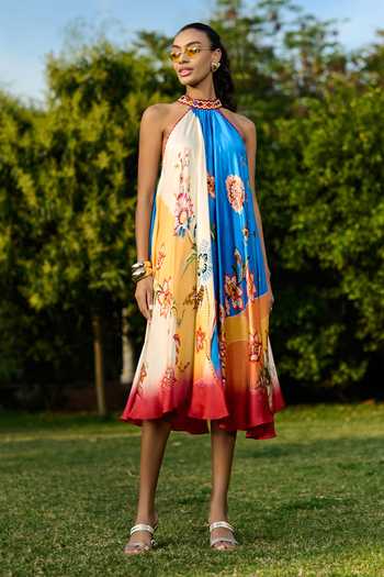 Buy Halterneck Midi Dress BY Designer VERB BY PALLAVI SINGHEE Dresses Multi Color Satin Contemporary Wear Online at Ogaan.com