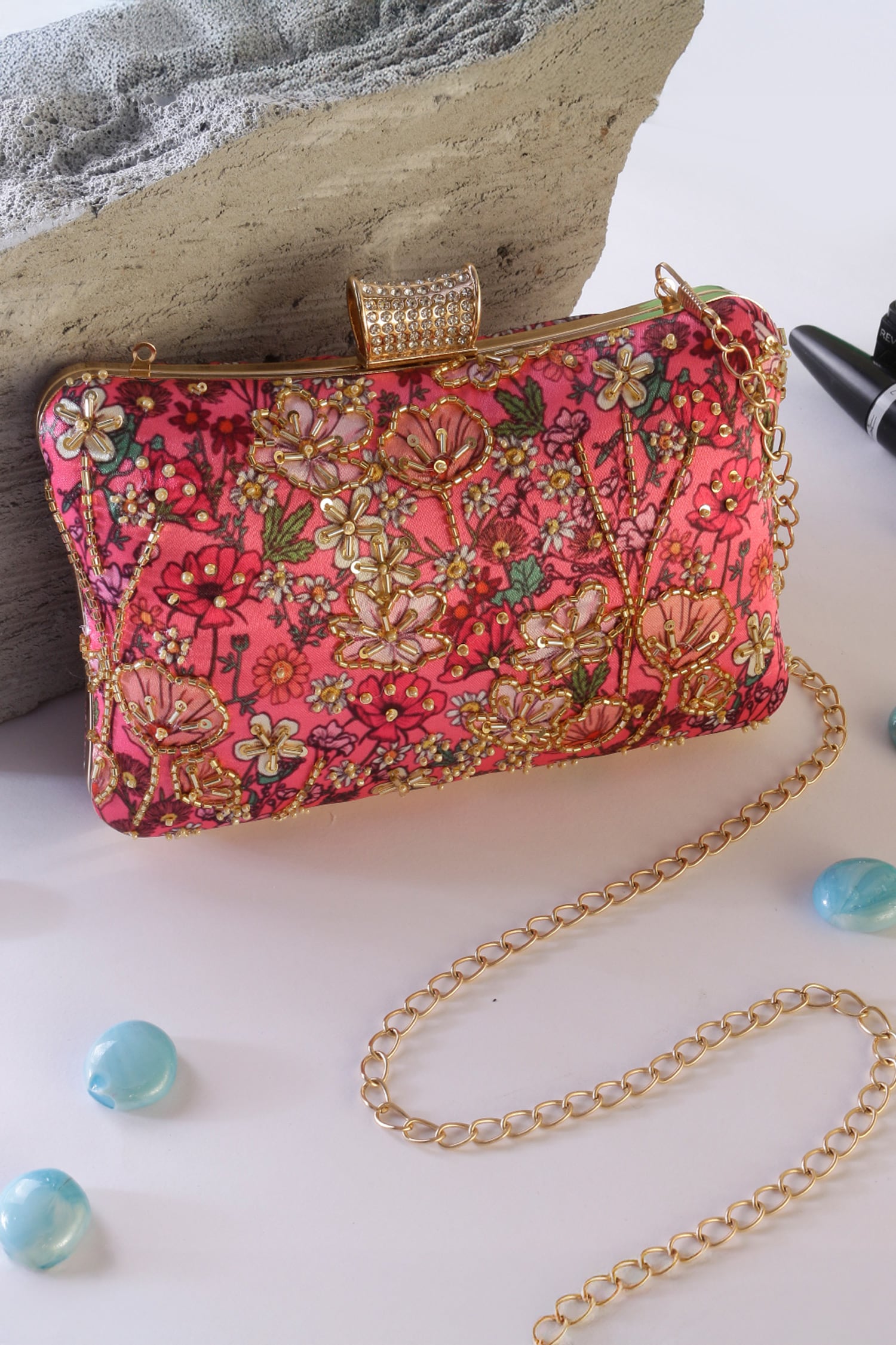 Floral Embroidered Clutch with Sling 