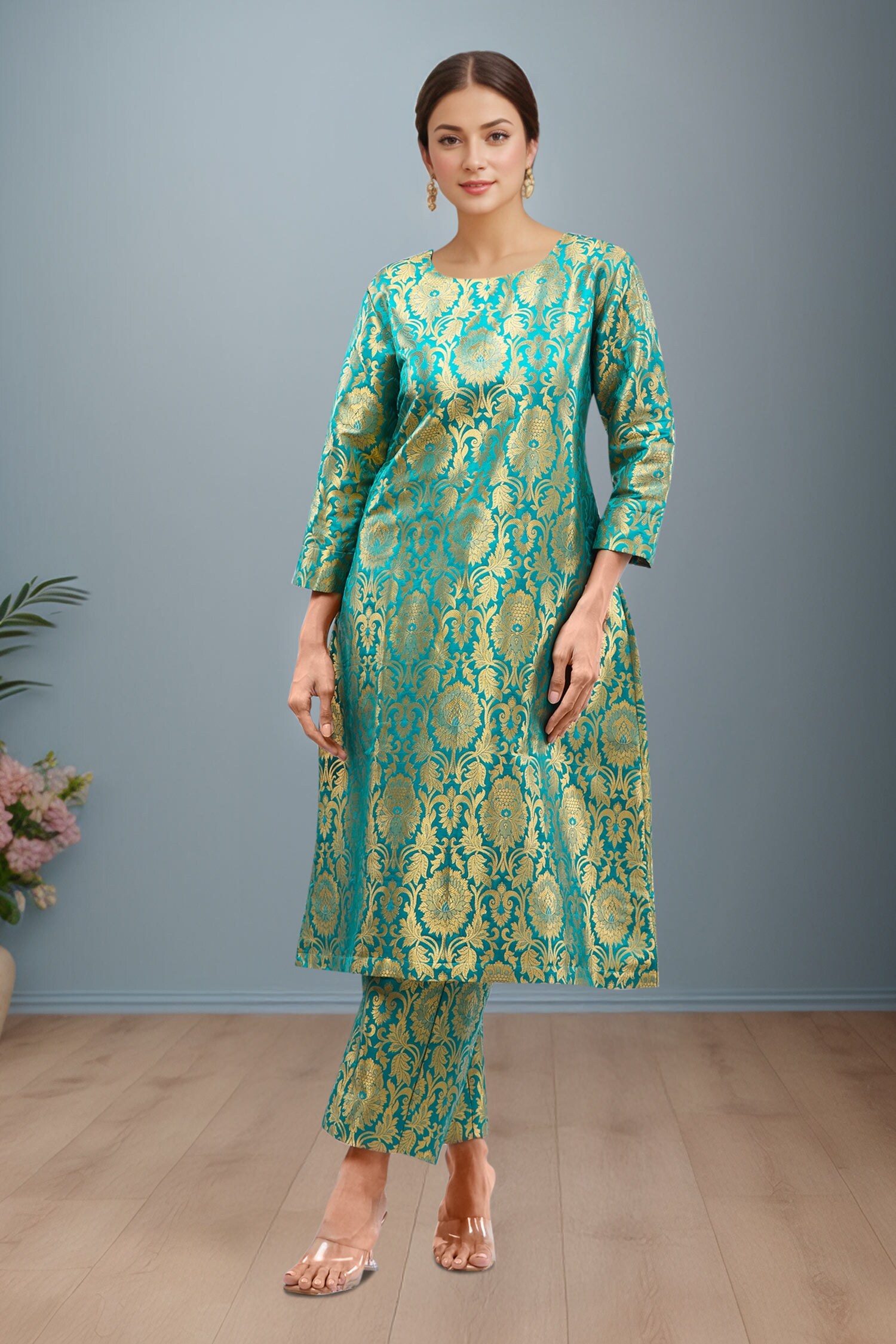 Peacock Green Brocade Kurta Set 