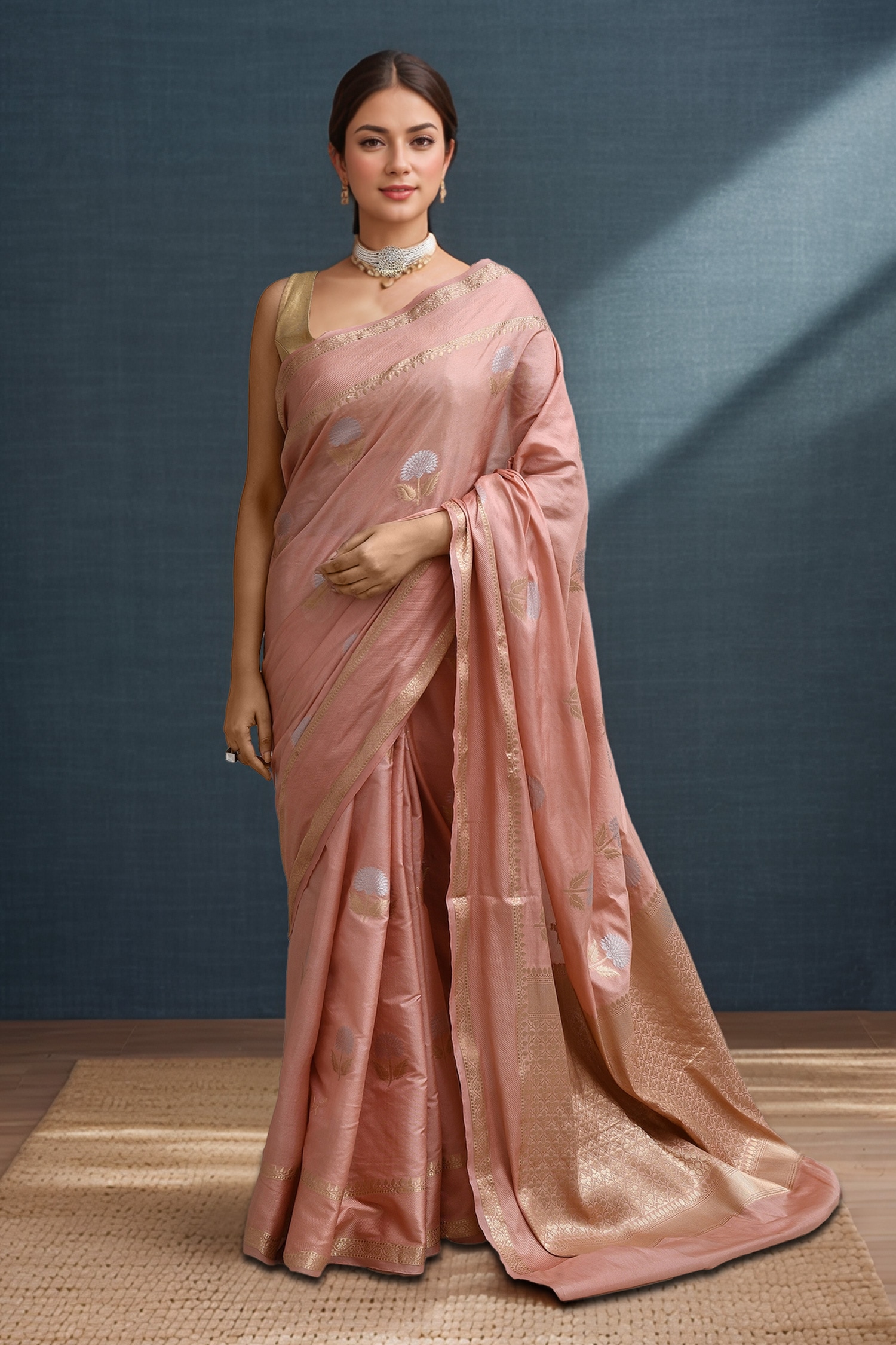 Pink Silk Banarasi Weaving Saree Set 