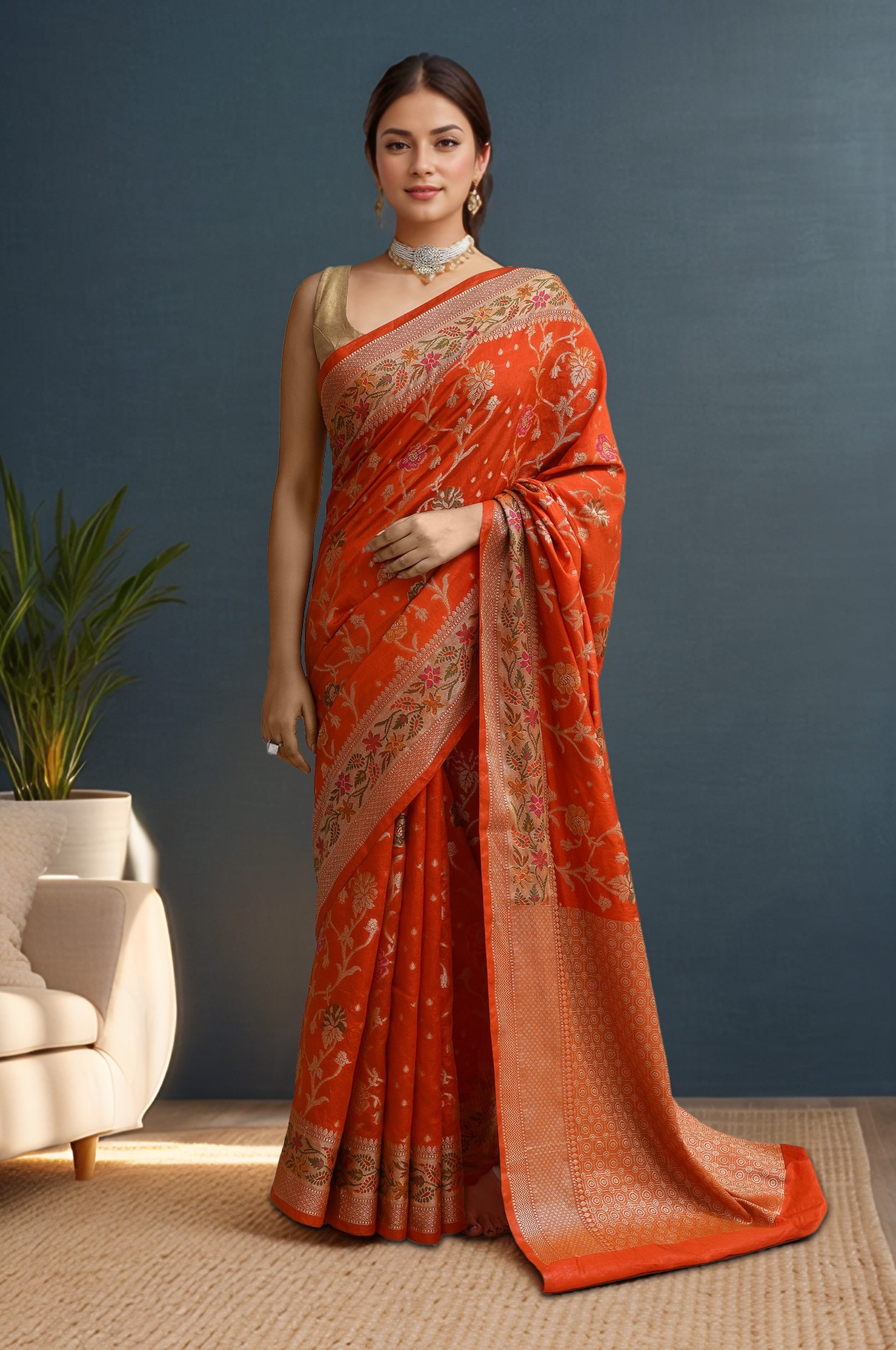 Orange Silk Banarasi Saree With Blouse 