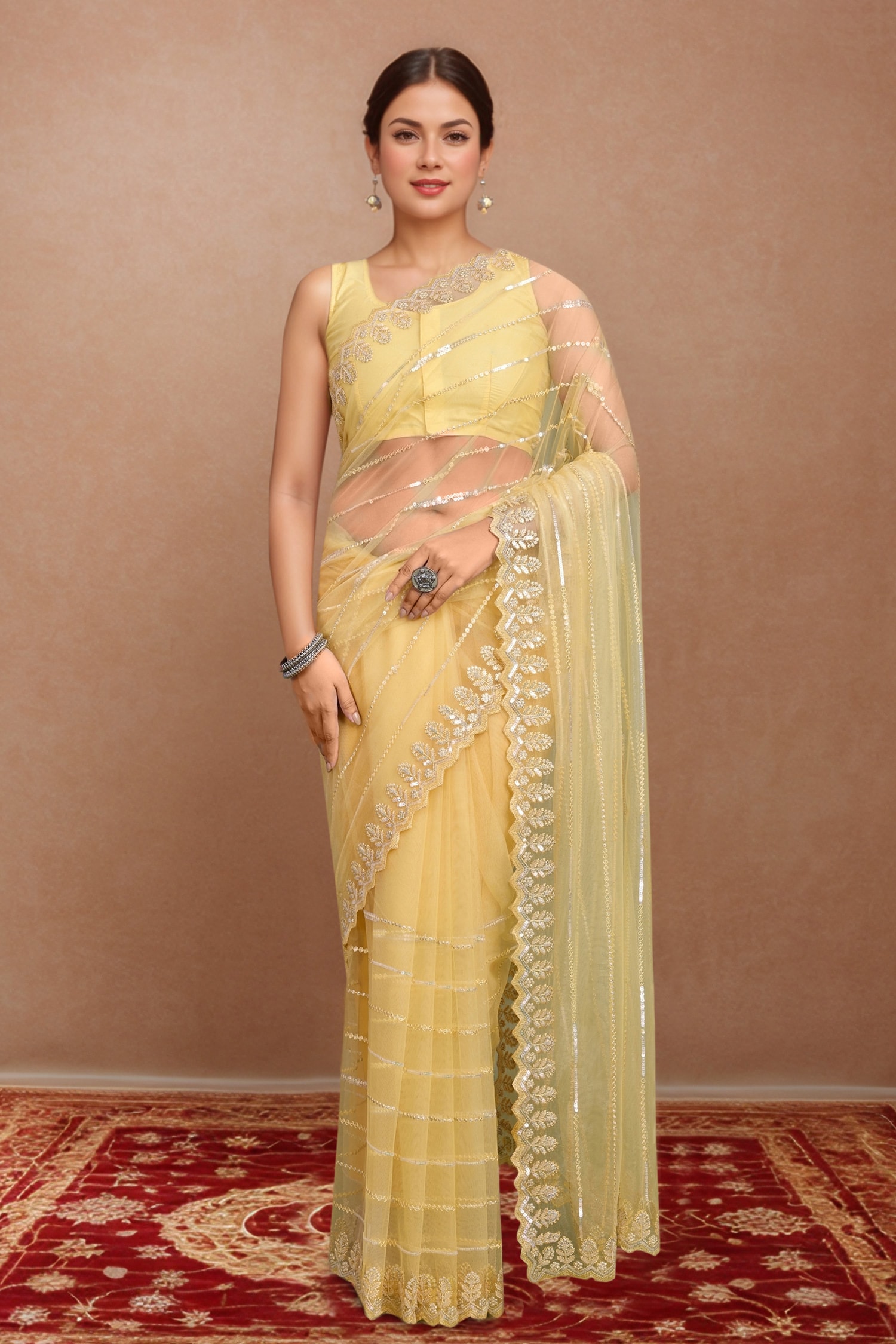 Yellow Sequins Work Net Saree Set 