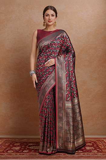 Maroon Woven Zari Banarasi Silk Saree Set
