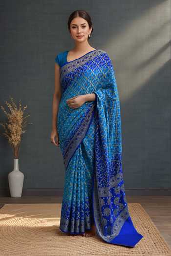 Blue Banarasi Weaving Bandhej Saree Set 