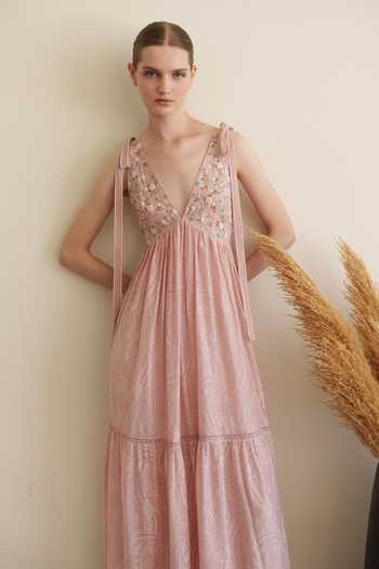 Buy Pink Muslin Embroidery V-neck Maxi Dress For Women by Shruti Sancheti  Online at Aza Fashions.