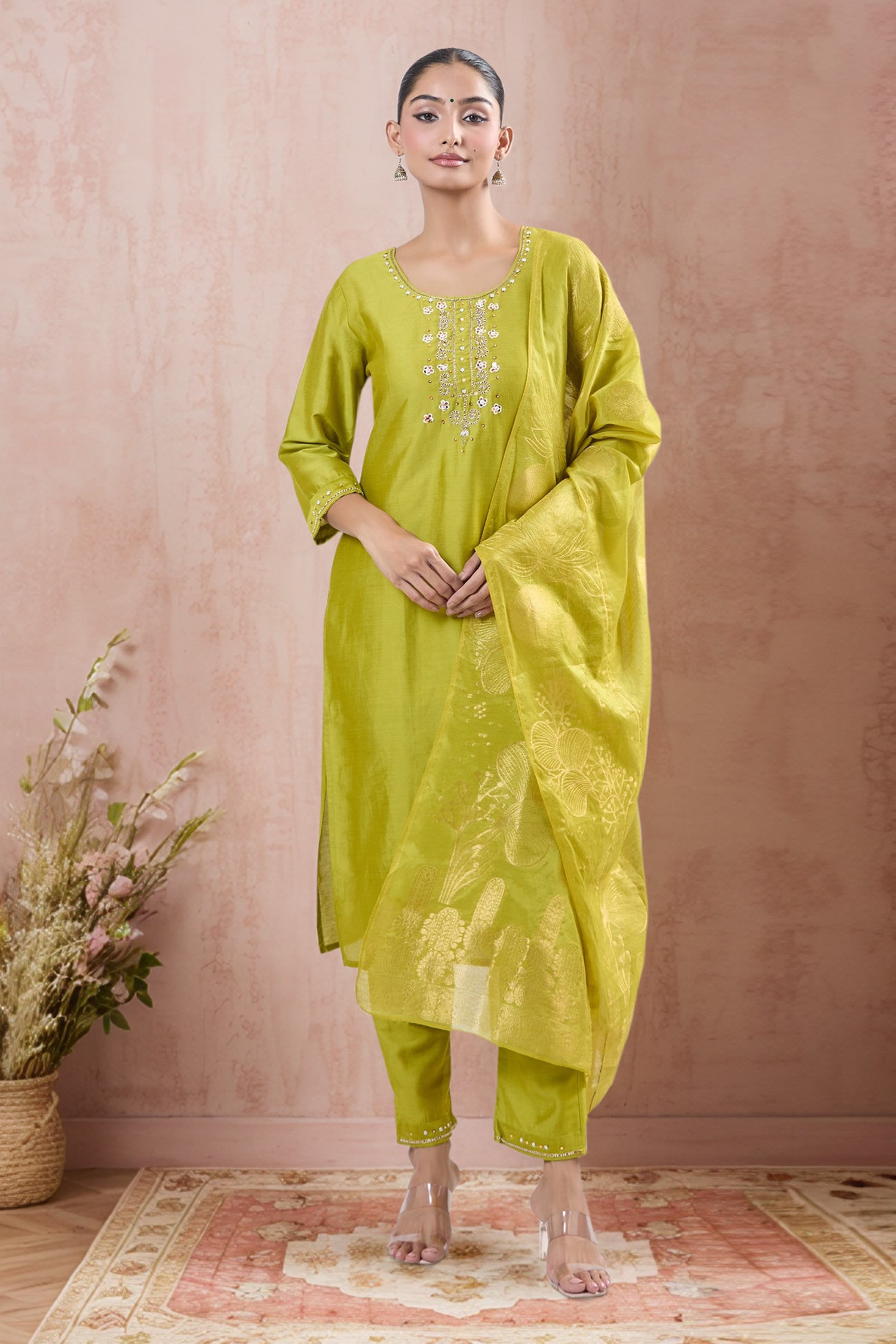 Embroidered Gaji Silk Kurta Set 