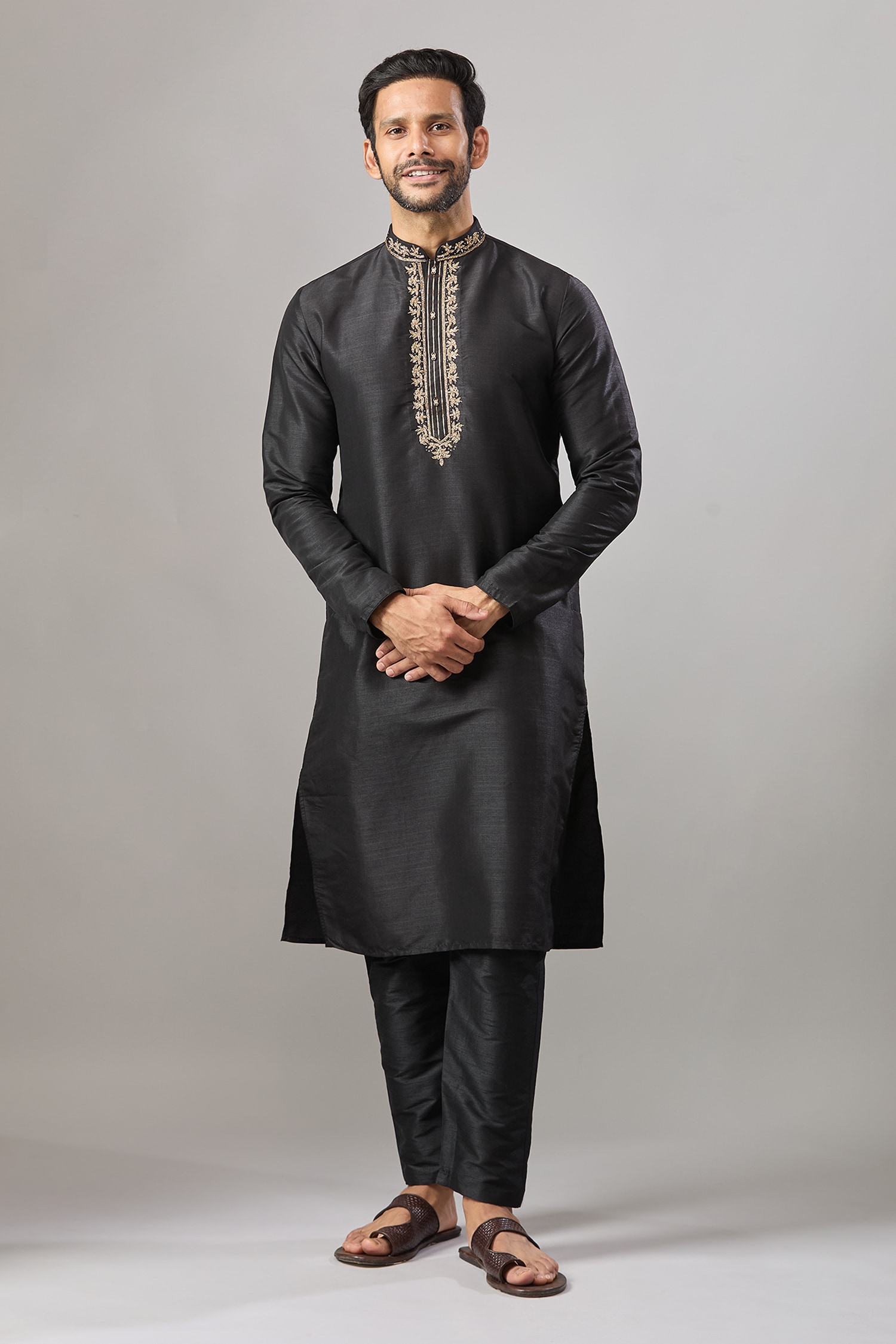 Black Plain Banarasi Silk Kurta Set 