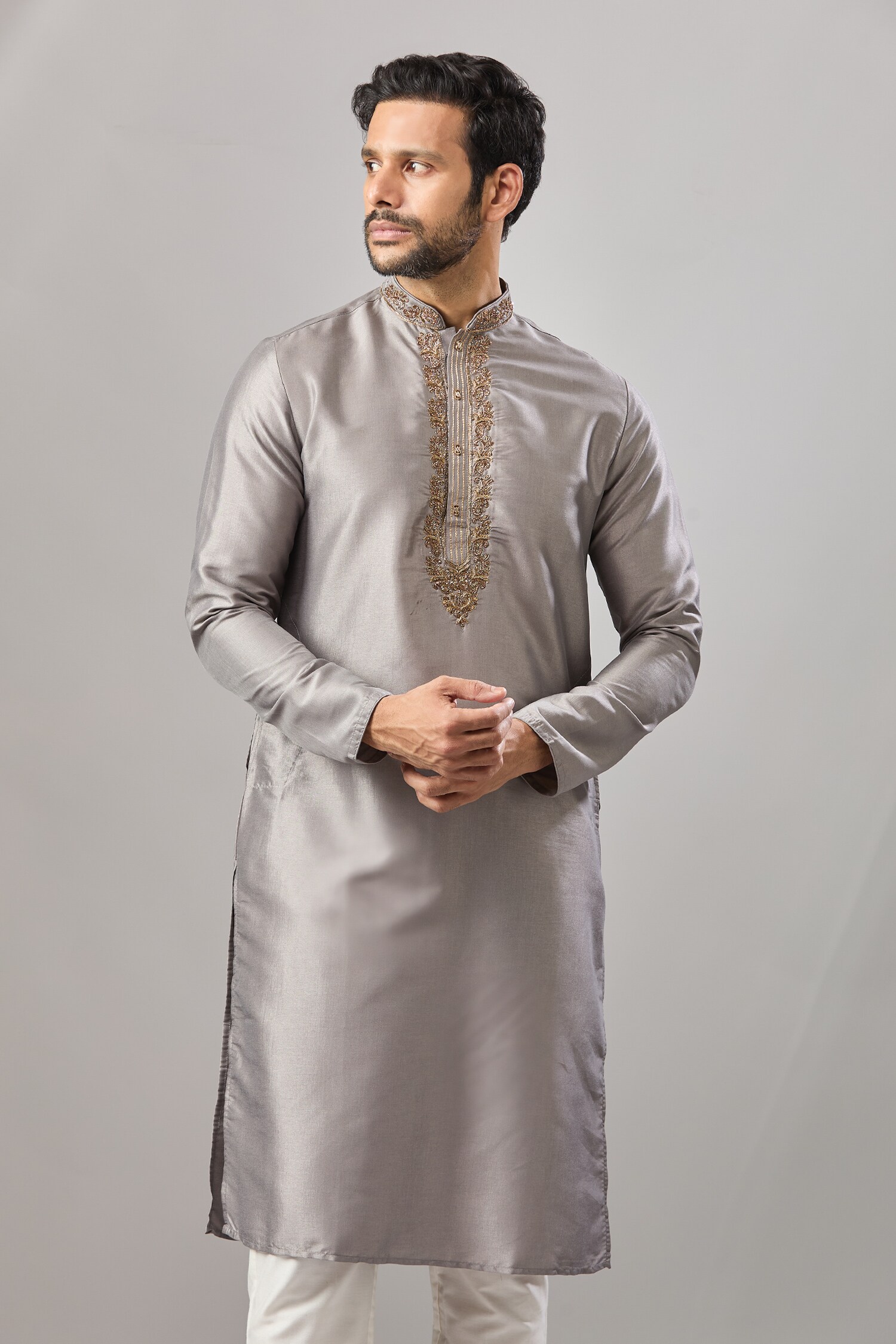 Gray Banarasi Art Silk Kurta 