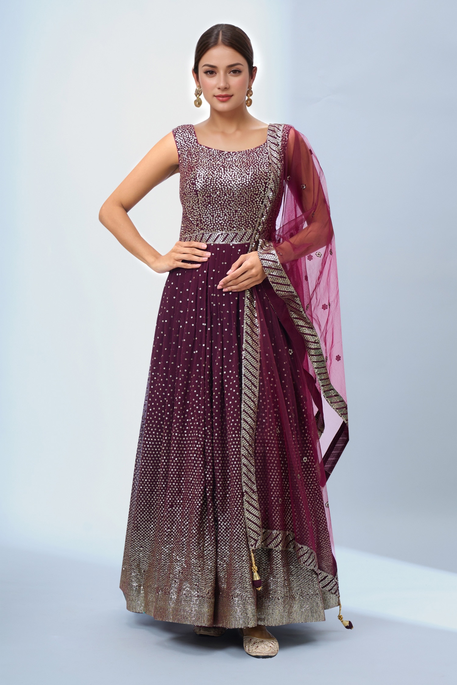 Wine Sequin Georgette Anarkali With Dupatta 