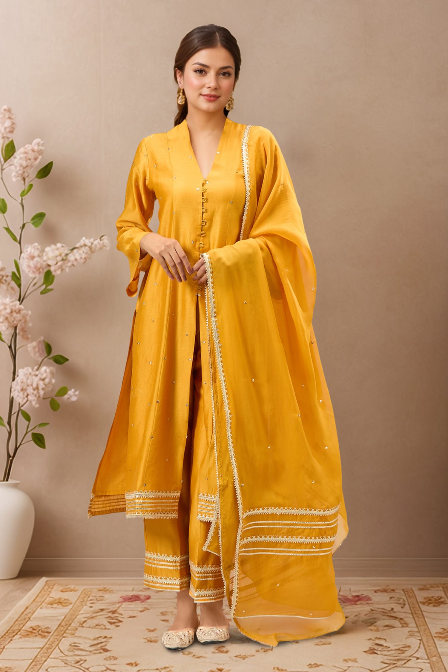Embroidered Mustard Chanderi Kurta Set 