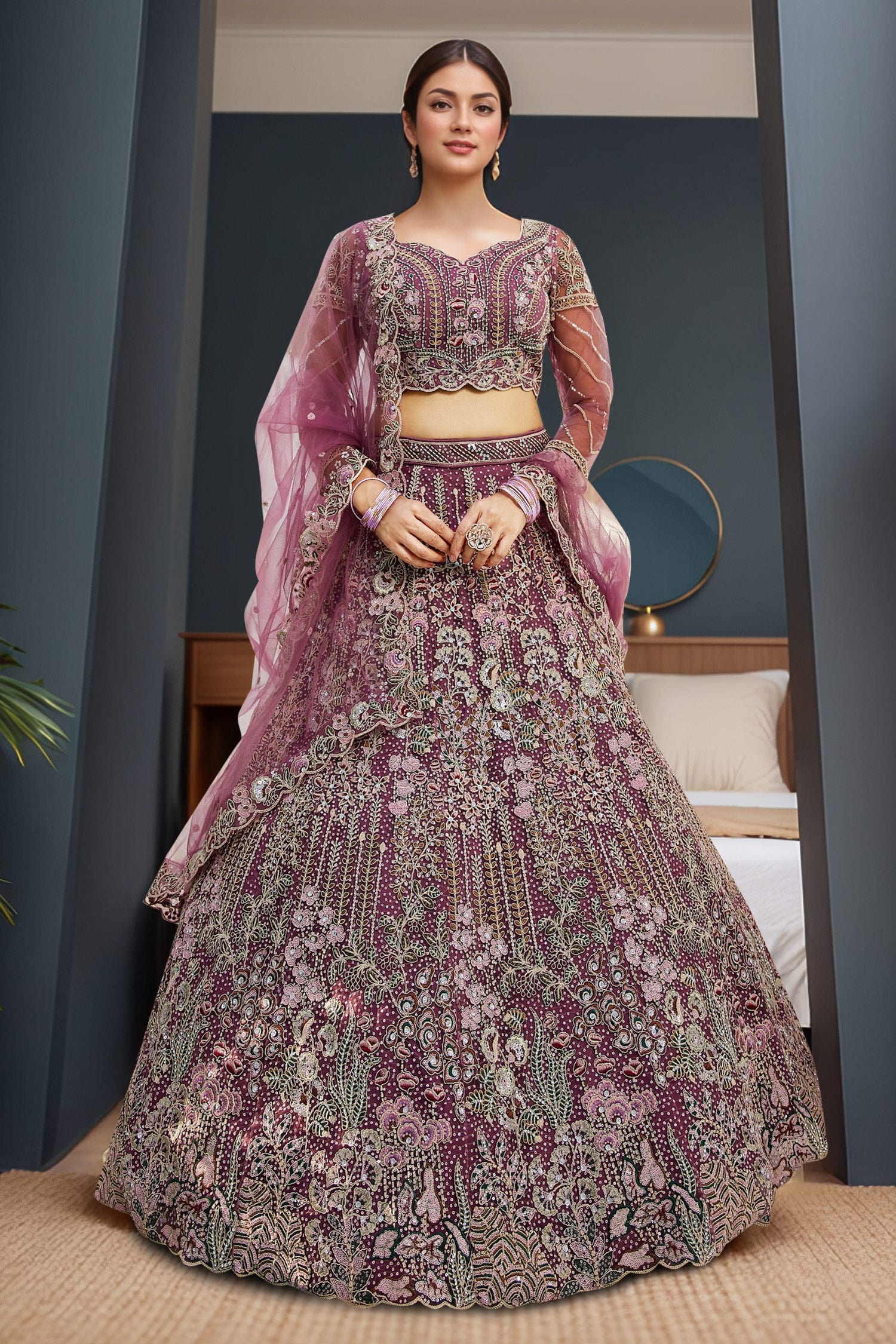 Lavender Embroidered Lehenga Set 