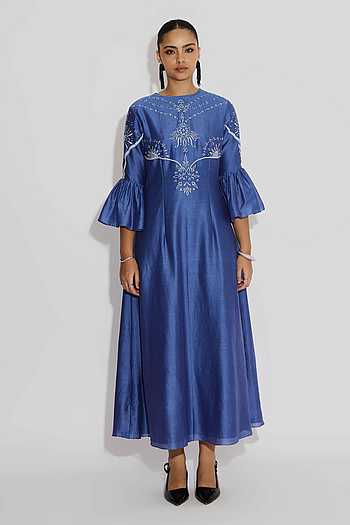 Indigo Peplum Sleeve Maxi Dress