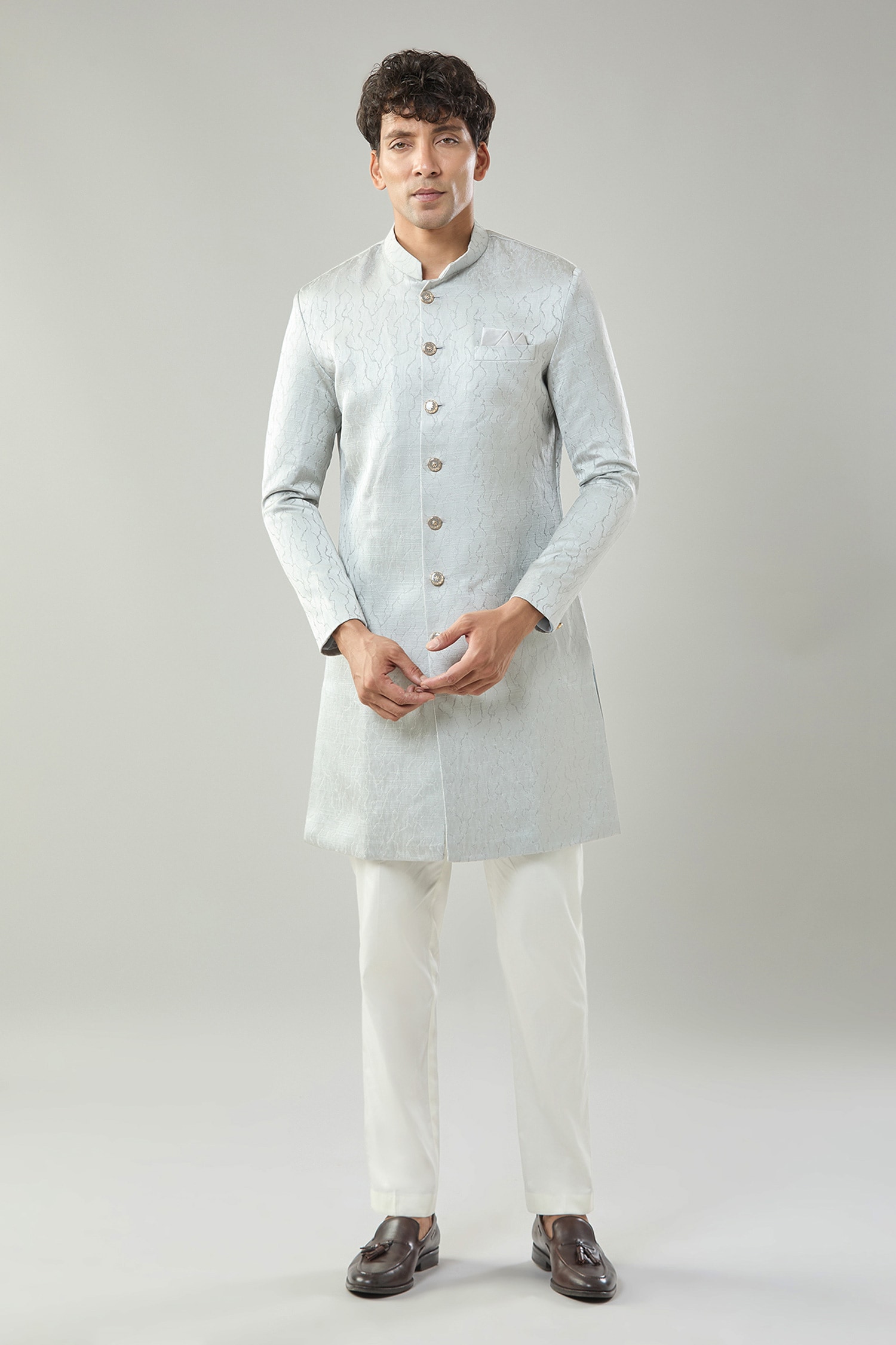 Grey Woven Jacquard Sherwani Set 