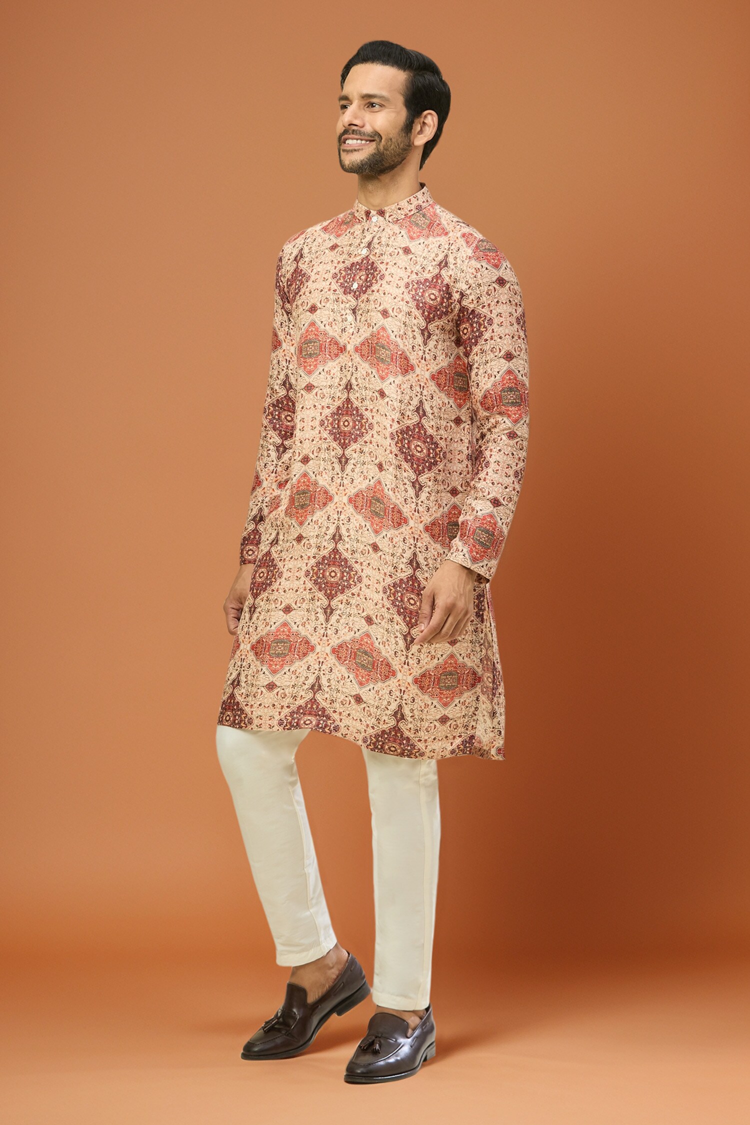 Red Beige Digital Print Kurta Set 