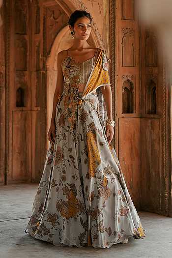 open lace back dress Blue Organza Lehenga Choli Set main image 0
