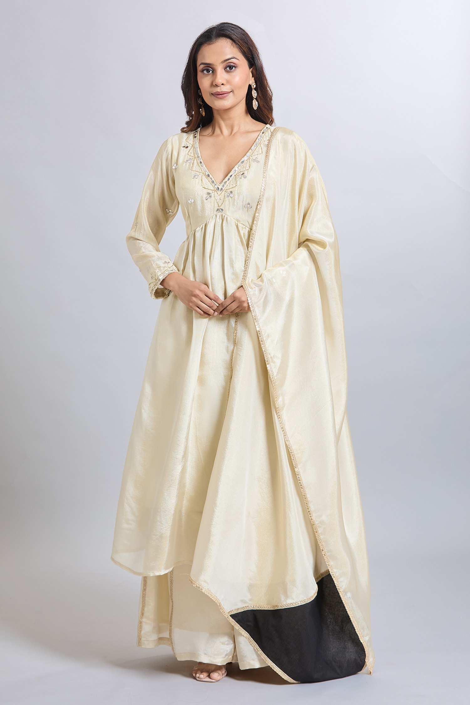 Cream Tissue Anarkali Set 