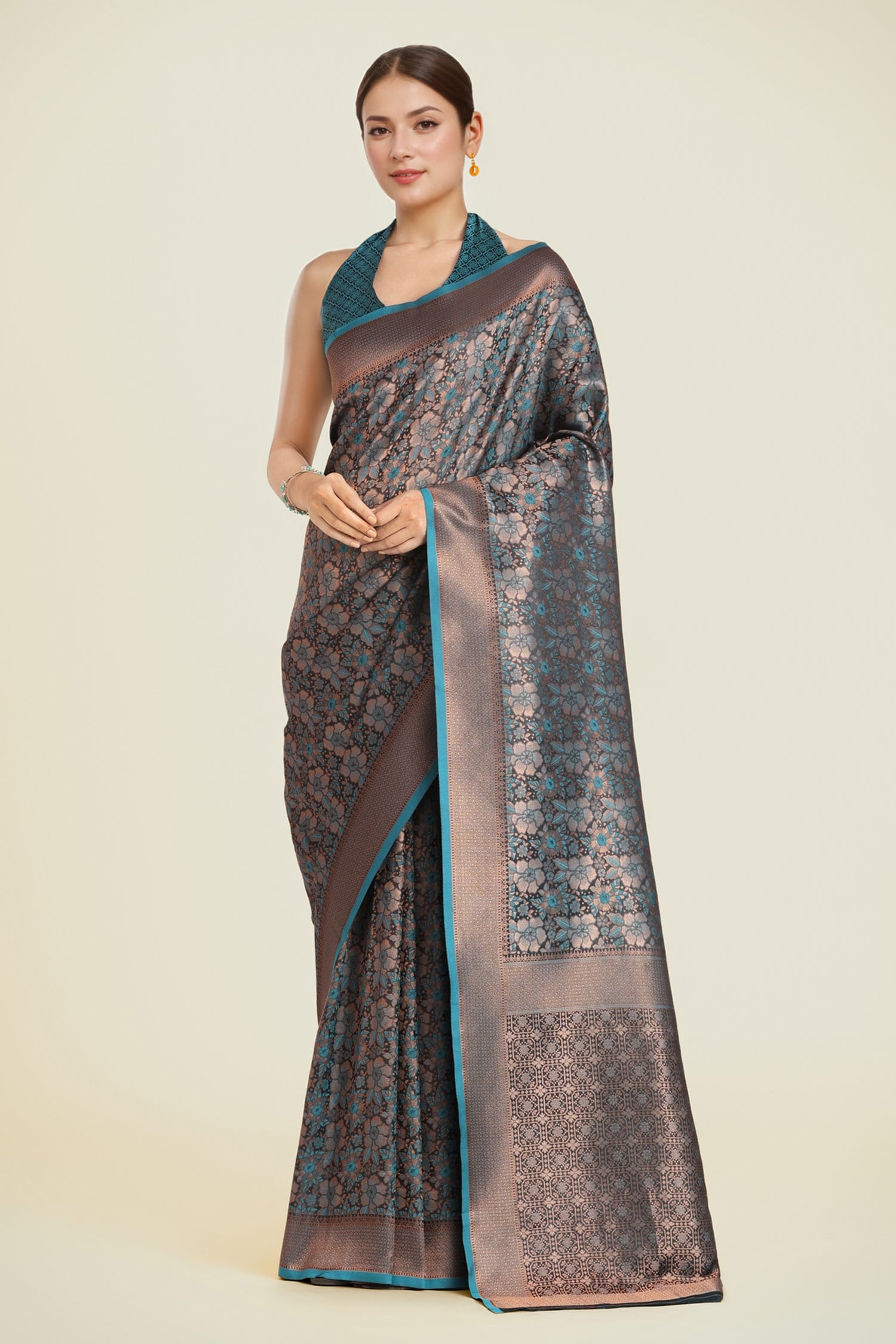 Teal Blue Banarasi Silk Saree Set 