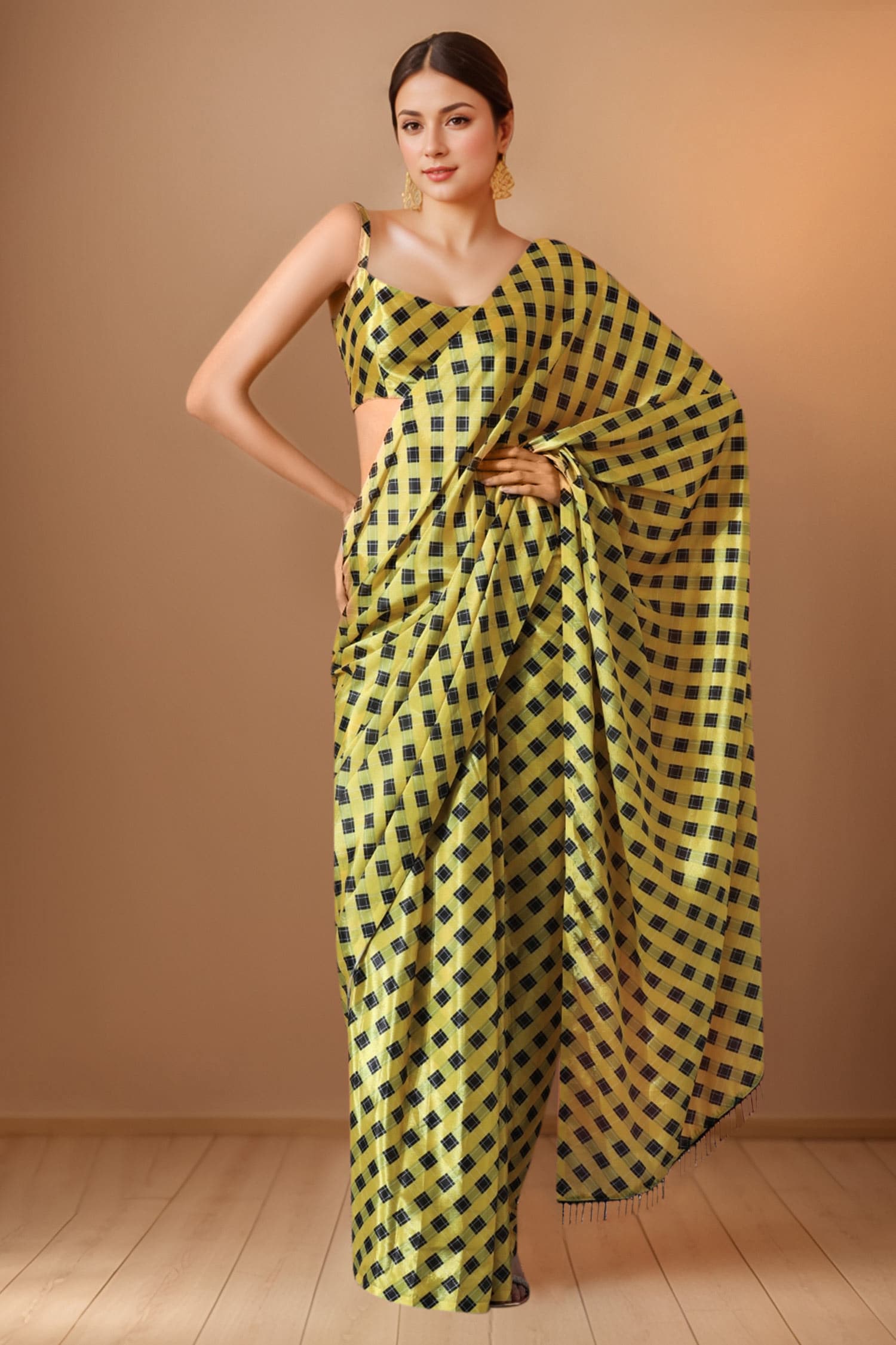 Yellow & Black Printed Pre-Draped Saree 