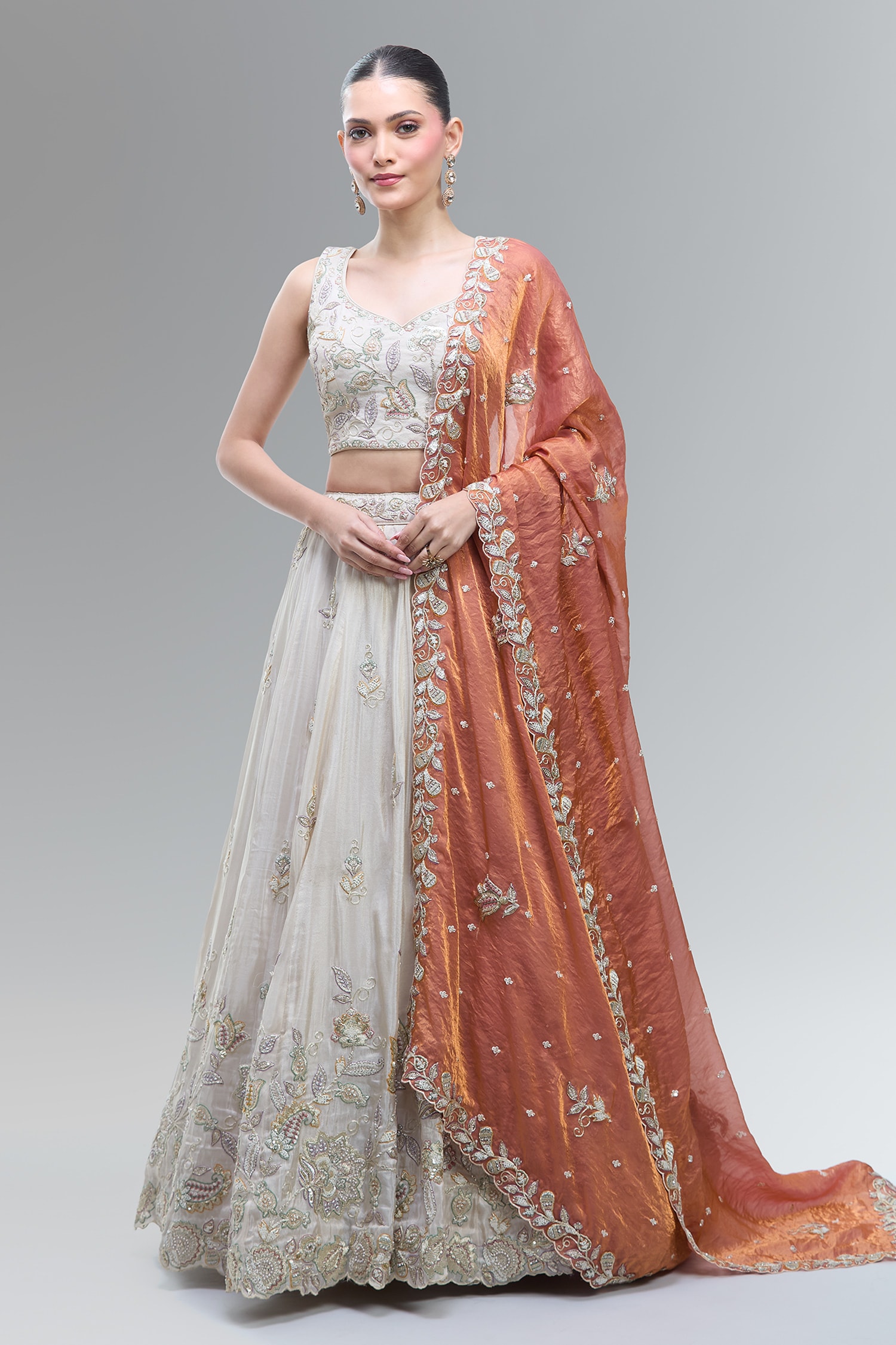 Classic Cream Lehenga Set With Orange Dupatta 