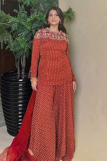 Buy Red Georgette, Organza, Satin Sequins, Sara Bandhani Pattern