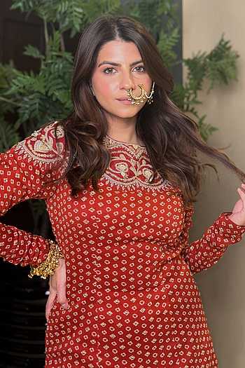 Buy Red Georgette, Organza, Satin Sequins, Sara Bandhani Pattern