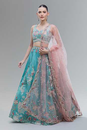 Turquoise Blue Embroidered Lehenga Set 