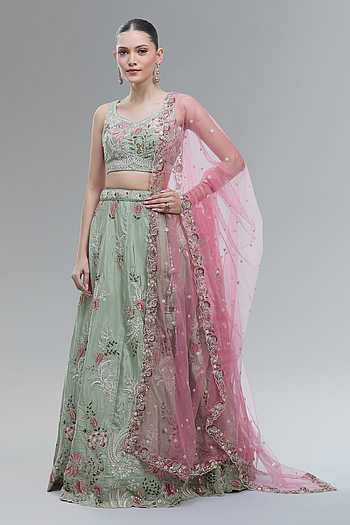 Lime Green Embroidered Lehenga Set 