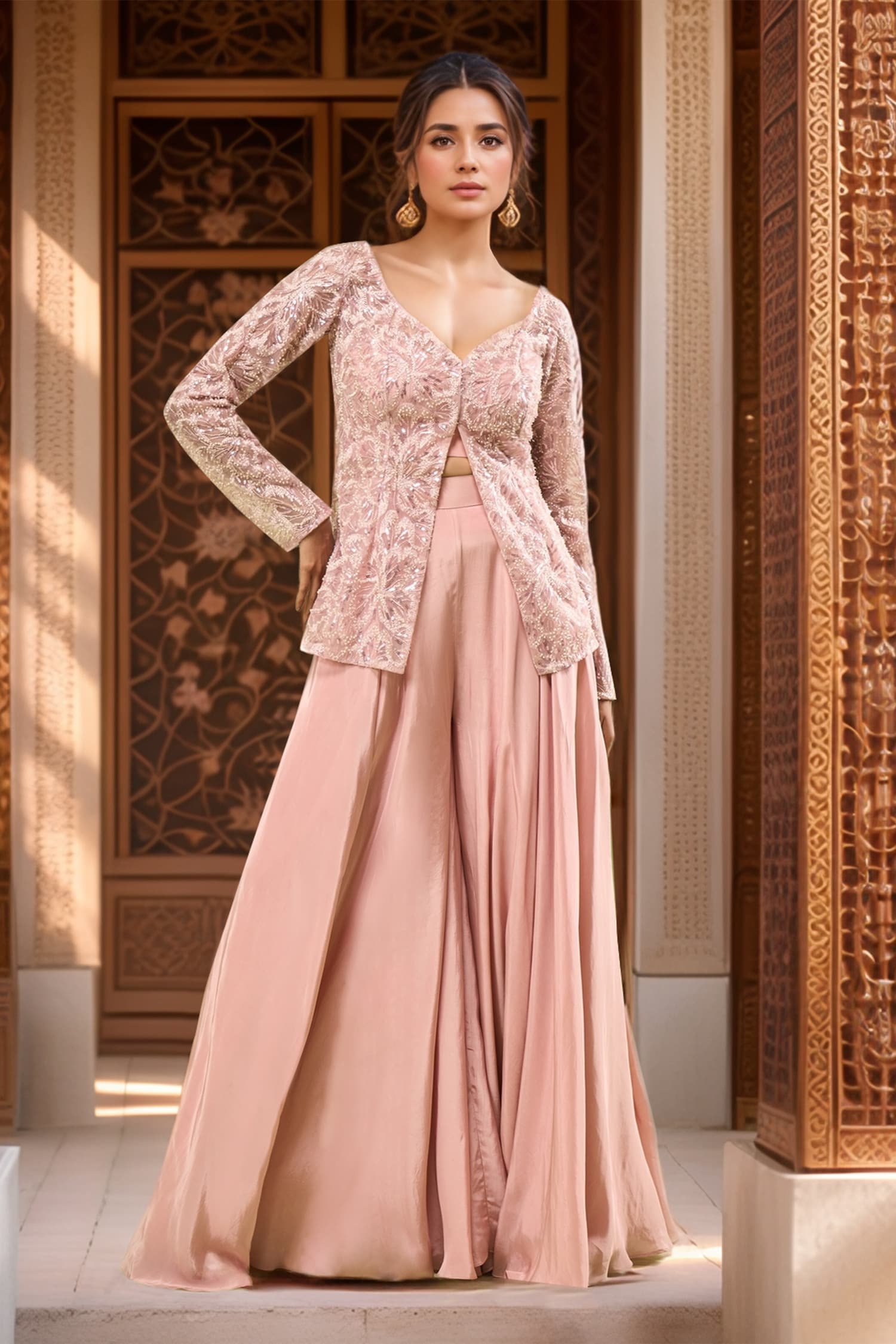 Sequin Embroidered Jacket Sharara Set 