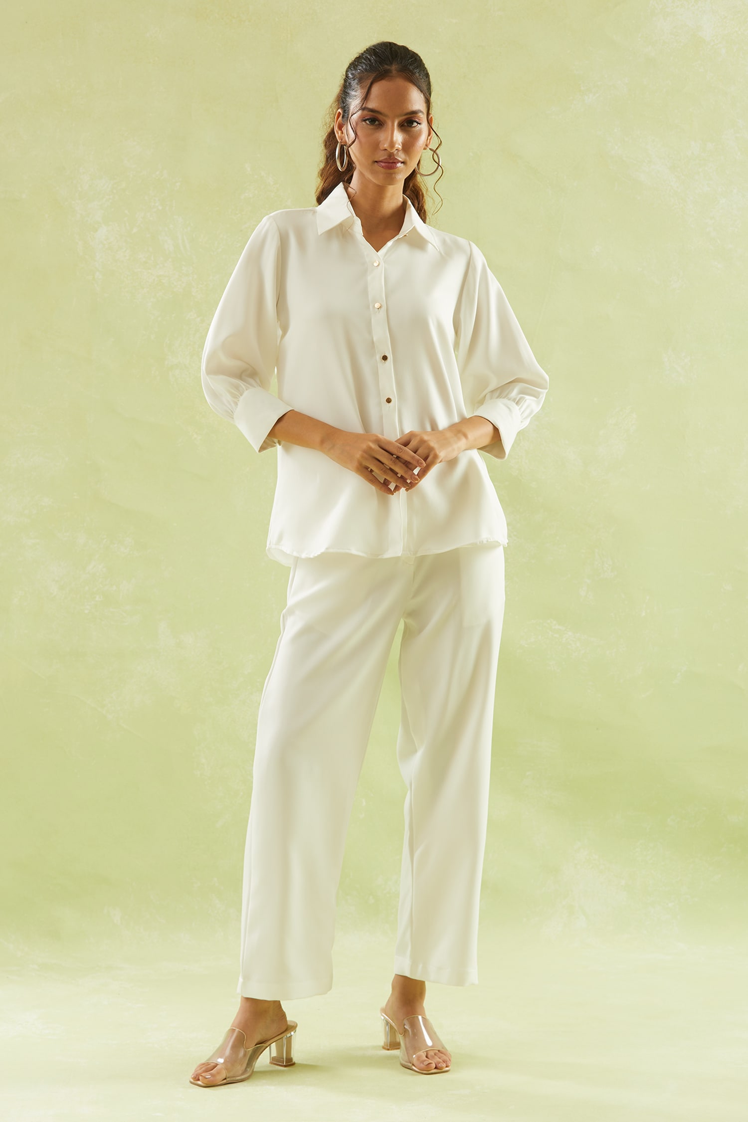 Solid Puffed Sleeves Shirt & Pant Set 