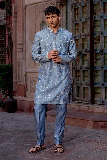 Steel Blue Zari Work Kurta Set