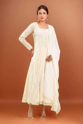 White Chinnon Anarkali Suit Set 