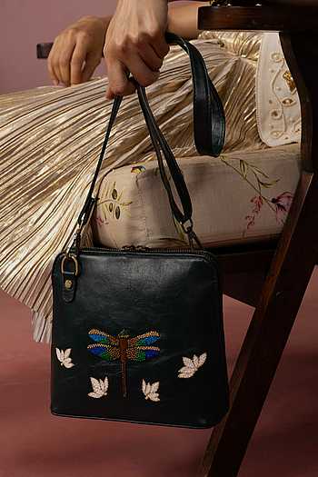 Buy Green Zari, Beads Dragonfly Hand Embroidered Sling Bag by Miri